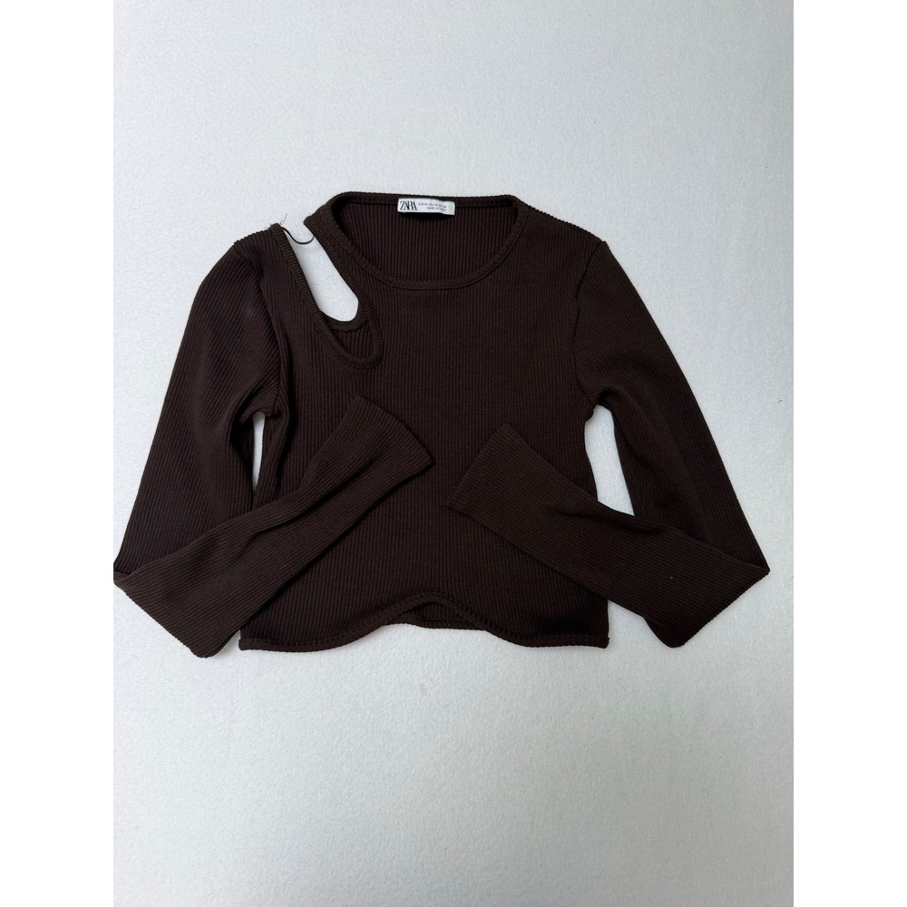 Zara Womens Brown Ribbed Long Sleeve Cutout Shoulder Curved‎ Hem Top Size M